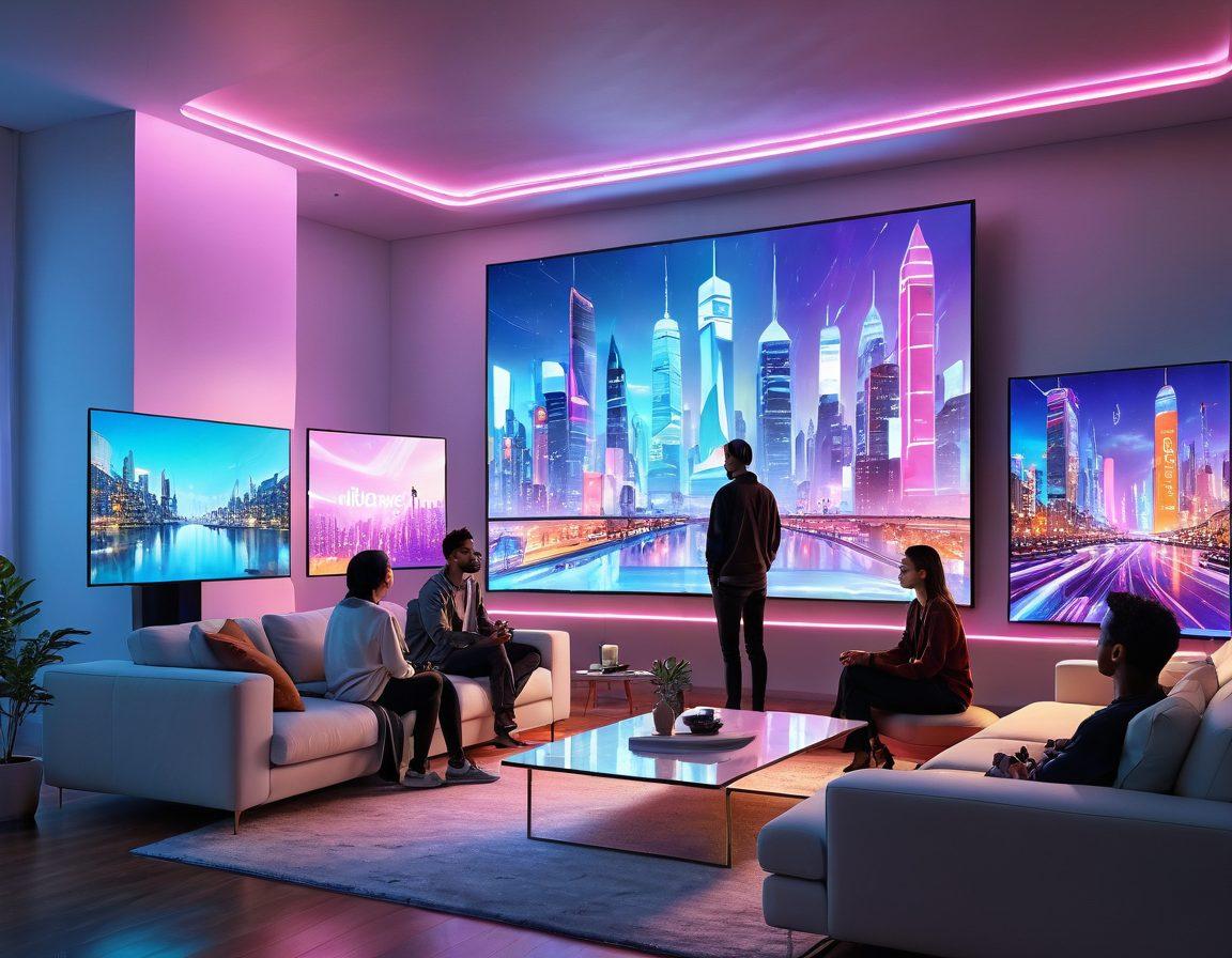 A futuristic cityscape with towering digital billboards streaming various shows; a diverse group of people watching content on holographic screens in a cozy, modern living room. Blend of traditional broadcasting antennas with sleek, high-tech streaming servers in the background. vibrant colors. super-realistic. white background.