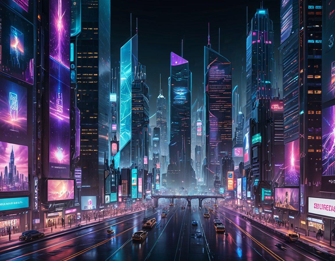 A futuristic urban skyline where towering skyscrapers are interconnected with glowing digital networks, each building representing various streaming services and digital broadcasting platforms. Giant screens on the buildings display content from different sources, with vibrant data flows and tech symbols floating around. super-realistic. vibrant colors. cyberpunk. 3D.