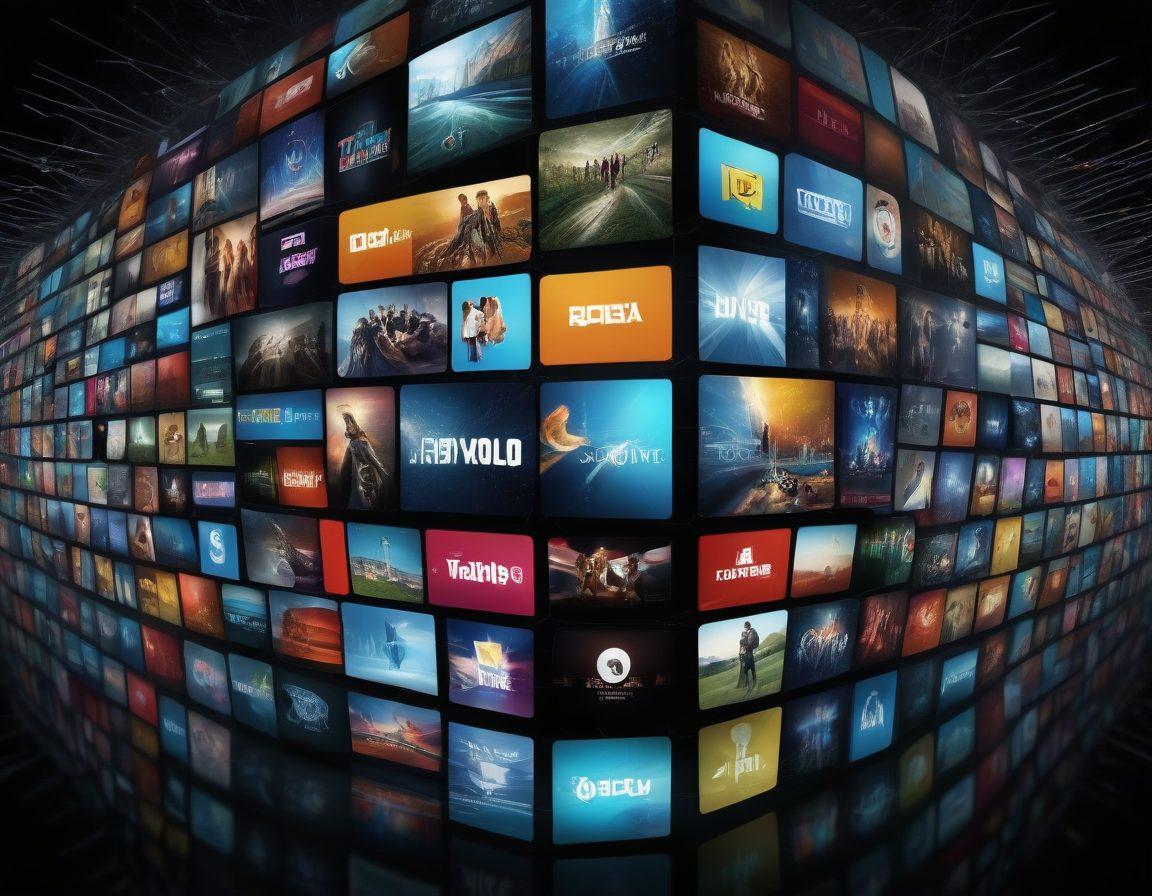 A vibrant scene showcasing multiple screens of diverse devices (smartphones, tablets, smart TVs, laptops) streaming various content. Each screen displays different types of content such as movies, TV shows, news, and sports. The background is a web of interconnected networks symbolizing global reach. Futuristic icons representing streaming services should float among the screens. composited in a high-tech, super-realistic style with vibrant colors.